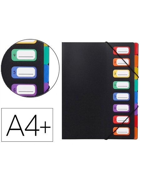 TRIEUR VIQUEL À SOUFFLETS POLYPROPYLÈNE 5/10E 8 COMPARTIMENTS FERMETURE ÉLASTIQUE PORTE ÉTIQUETTE NOIR