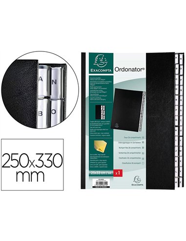 TRIEUR EXACOMPTA ORDONATOR CARTON RECOUVERT PVC 25X33CM ALPHABÉTIQUE 26 COMPARTIMENTS 300F DOS EXTENSIBLE COLORIS NOIR