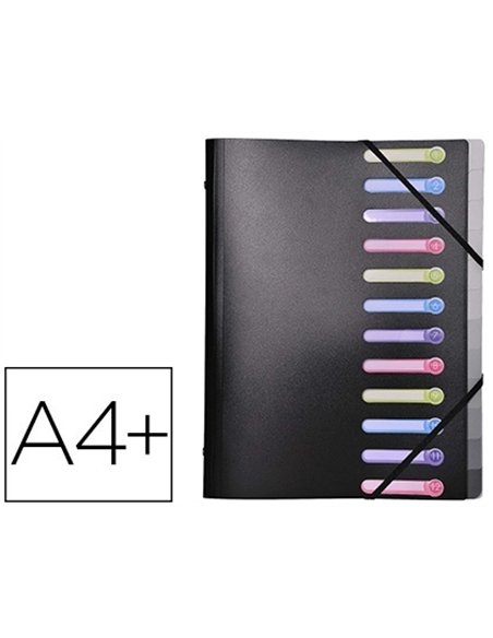 TRIEUR EXACOMPTA 3 RABATS POLYPROPYLÈNE A4+ 12 COMPARTIMENTS FENÊTRES FERMETURE ÉLASTIQUE COLORIS NOIR
