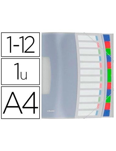 TRIEUR ESSELTE VIVIDA POLYPROPYLÈNE TRANSLUCIDE 12 COMPARTIMENTS 3 RABATS BANDES ÉLASTIQUES INDEX AMOVIBLE ÉTIQUETTE DOS