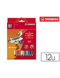 CRAYON COULEUR STABILO TRIO LONG BOIS TRIANGULAIRE 175MM MINE LARGE SOUPLE 4MM TAILLE-CRAYONS OFFERT POCHETTE 12U