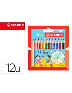 CRAYON COULEUR STABILO TRIO COURT BOIS TRIANGULAIRE 85MM MINE LARGE SOUPLE 4MM COLORIAGE RAPIDE POCHETTE 12U