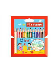 CRAYON COULEUR STABILO TRIO COURT BOIS TRIANGULAIRE 85MM MINE LARGE SOUPLE 4MM COLORIAGE RAPIDE POCHETTE 12U 2