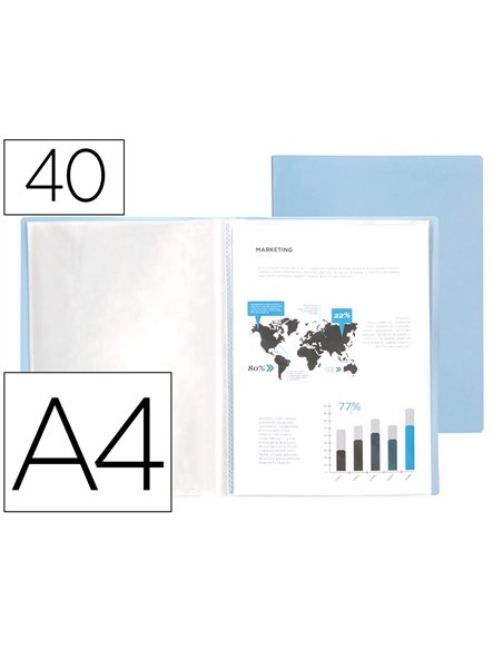 PROTEGE-DOCUMENTS LIDERPAPEL POLYPROPYLENE COUVERTURE  FLEXIBLE 40 POCHETTES FIXES A4 220X297MM BLEU CIEL OPAQUE