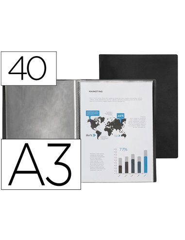 PROTEGE-DOCUMENTS LIDERPAPEL POLYPROPYLENE COUVERTURE  FLEXIBLE 40 POCHETTES FIXES A3 COLORIS NOIR OPAQUE