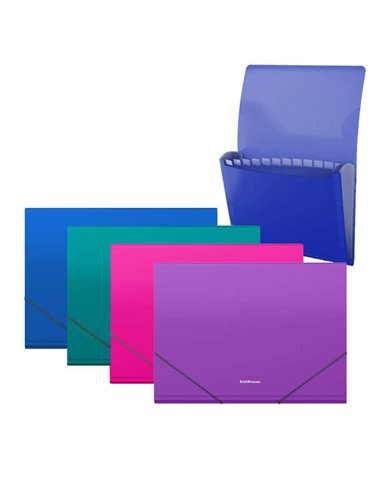 Chemise/boîte de rangement Erichkrause Matt Vivid avec 12 pochettes A4 - Finition mate - Couleurs assorties