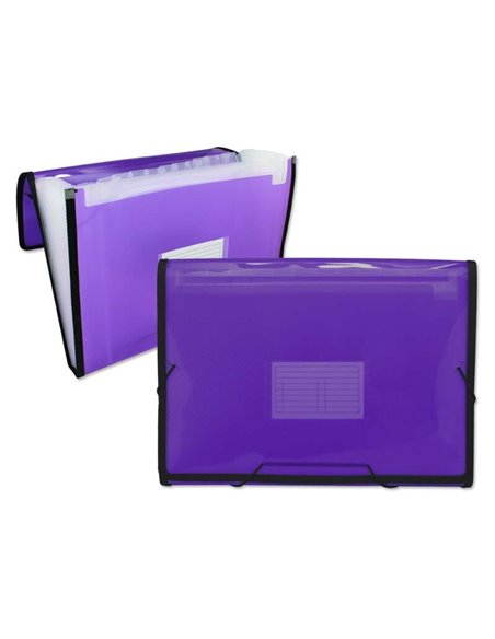 Chemise à cadre Ingraf, 13 compartiments A4 - Polypropylène translucide - Bandes et rabats élastiques - Violet