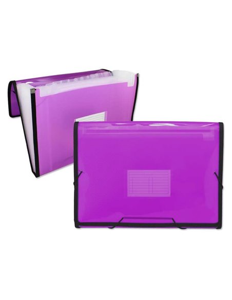 Chemise à cadre Ingraf, 13 compartiments A4 - Polypropylène translucide - Bandes et rabats élastiques - Rose