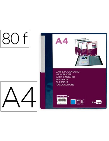 PROTEGE-DOCUMENTS LIDERPAPEL PERSONNALISABLE KANGOUROU POLYPROPYLENE 80 POCHETTES FIXES A4 COLORIS BLEU TRANSLUCIDE