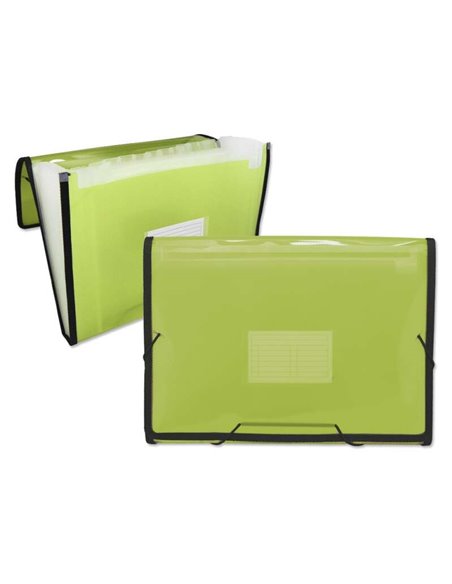 Chemise à soufflets Ingraf Frame 13 compartiments A4 - Polypropylène translucide - Élastiques et rabats - Vert