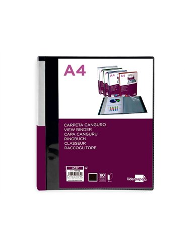 PROTEGE-DOCUMENTS LIDERPAPEL PERSONNALISABLE KANGOUROU POLYPROPYLENE 80 POCHETTES  FIXES A4 COLORIS NOIR OPAQUE