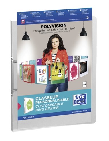 Classeur Oxford Polyvision A4+ à 2 anneaux 25 mm - Dos 25 mm - Couverture plastique personnalisable - Transparent