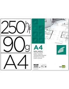 PAPIER VÉGÉTAL LIDERPAPEL CALQUE HAUTE TRANSPARENCE SURFACE RÉGULIÈRE SATINÉE 90G/M2 A4 210X297MM