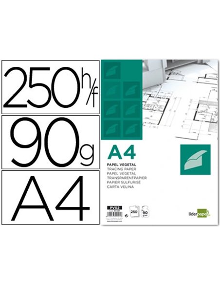 PAPIER VÉGÉTAL LIDERPAPEL CALQUE HAUTE TRANSPARENCE SURFACE RÉGULIÈRE SATINÉE 90G/M2 A4 210X297MM