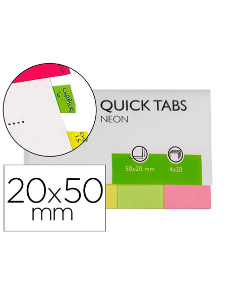 MARQUE-PAGES Q-CONNECT 20X50MM 200F REPOSITIONNABLE COLORIS FLUORESCENTS POCHETTE 4 BLOCS 50F