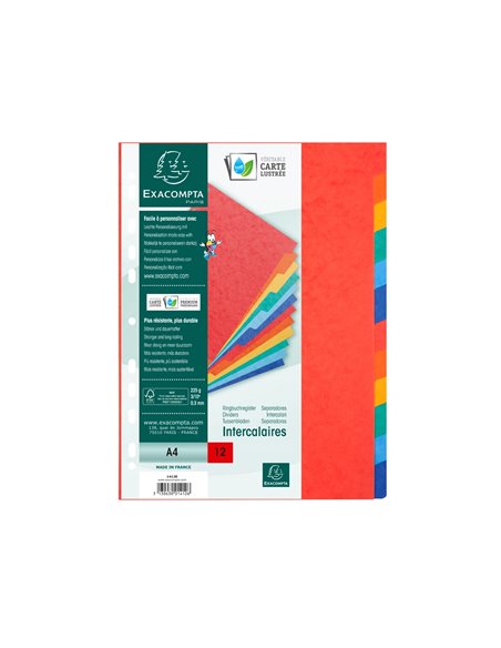 INTERCALAIRE EXACOMPTA CARTE LUSTREE 225GR A4 12 POSITIONS COLORIS ASSORTIS