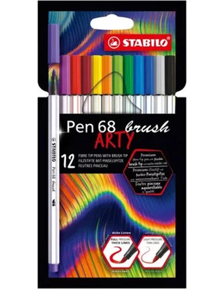 FEUTRE PINCEAU STABILO PEN 68 BRUSH ARTY AQUARELLABLE ENCRE SANS ODEUR RICHE EN PIGMENTS  ETUI CARTON 12 UNITES
