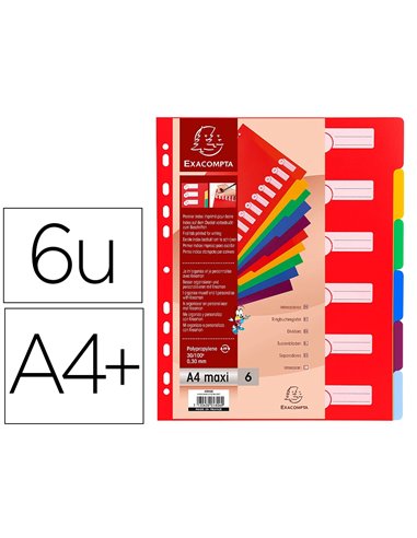 INTERCALAIRE EXACOMPTA POLYPROPYLÈNE 12/100E 6 TOUCHES A4+  COLORIS ASSORTIS