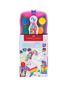 Pack de 12 godets d'aquarelle Faber-Castell Connector Unicorn + peinture blanche opaque + autocollants - Haute opacité - Facilem