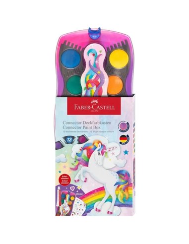 Pack de 12 godets d'aquarelle Faber-Castell Connector Unicorn + peinture blanche opaque + autocollants - Haute opacité - Facilem