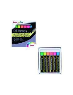 Pastel huile pentel arts corps rond enrobage papier non salissant coloris fluos assortis boite 6 unites.