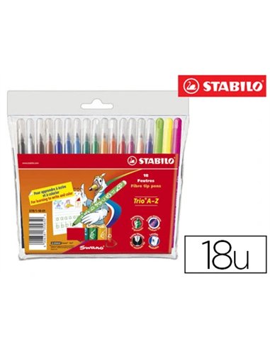 Feutre coloriage stabilo trio triangulaire encre super lavable pointe moyenne pochette 18 unités + 3 fluos.