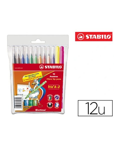 Feutre coloriage stabilo trio triangulaire encre super lavable pointe moyenne pochette 12 unités + 2 fluos.