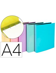 Classeur exacompta aquarel 4 anneaux d 25mm a4 carton pellicule coloris pastel assortis bleu jaune corail mauve vert.