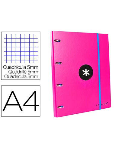 Classeur antartik 4 anneaux ronds 25mm a4 carton rembordé feuillets mobiles quadrillage 5mm coloris rose.