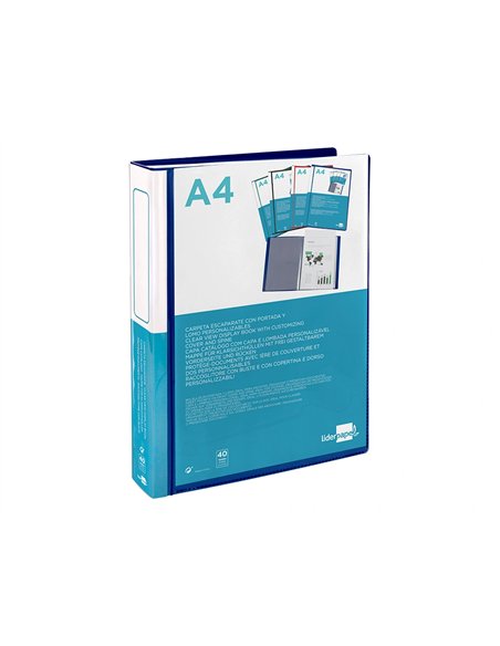 Protege-docs liderpapel kangourou personnalisable polypro 40 pochettes fixes a4 210x297mm bleu translucide.