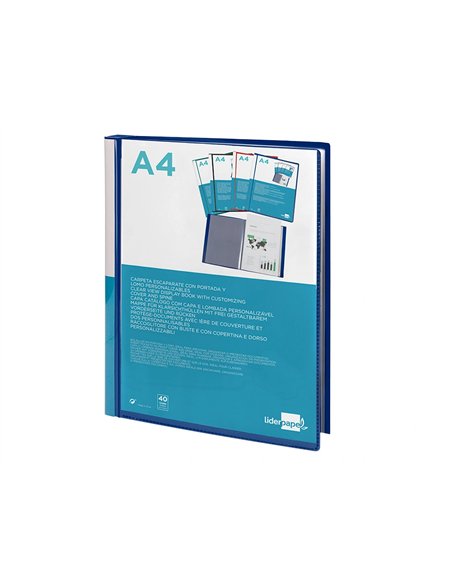 Protege-docs liderpapel kangourou personnalisable polypro 40 pochettes fixes a4 210x297mm bleu translucide.