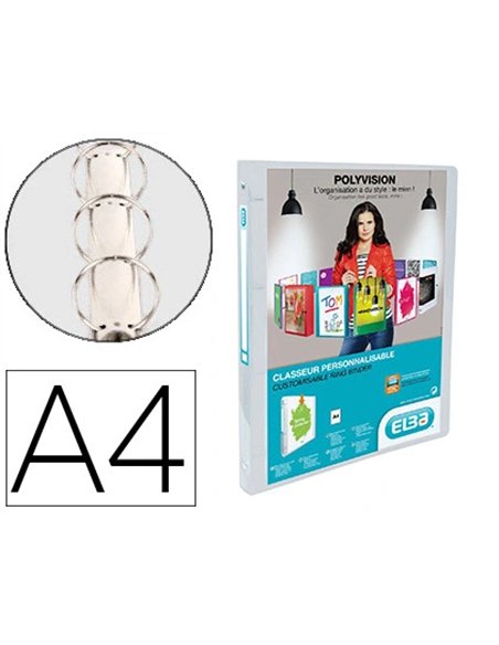 Classeur personnalisable oxford polyvision 4 anneaux 15mm polypropylène dos 20mm 60f pochette cristal incolore.