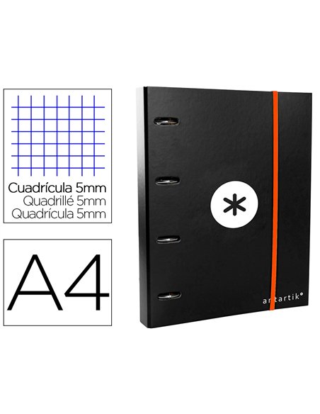 Classeur antartik 4 anneaux ronds 40mm a4 carton remborde feuillets mobiles quadrillage 5mm coloris noir.