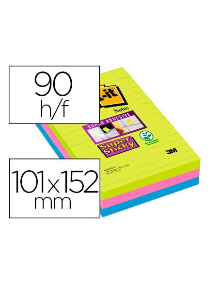 Bloc-notes post-it super sticky grand format 101x152mm 90f lignées adhésif renforcé vert néon/fuschia/bleu 3 blocs