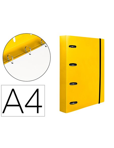 Classeur liderpapel 4 anneaux en d 25mm a4 polypropylene feuillets mobiles 100f 5x5mm coloris jaune fluo.