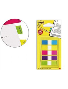 Marque-pages post-it mini index étroit 12x44mm set 5 paquets 20 unités coloris bleu jaune rouge vert violet.
