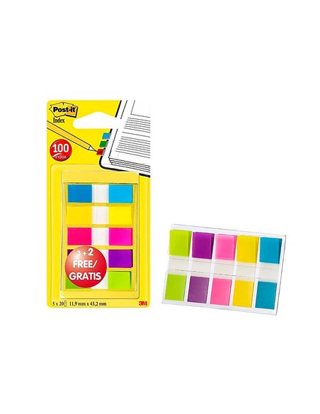 Marque-pages post-it mini index étroit 12x44mm set 5 paquets 20 unités coloris bleu jaune rouge vert violet.