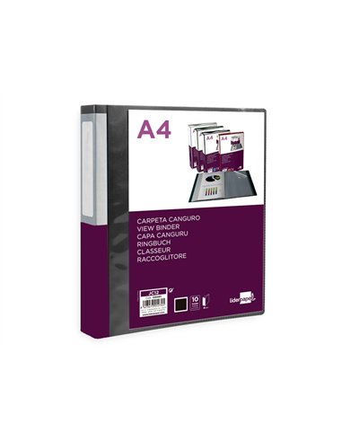 Protege-documents liderpapel personnalisable kangourou polypropylene 10 pochettes fixes a4 coloris noir opaque.