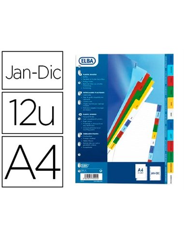 Intercalaire elba polypropylène indéchirable 12/100e mensuel 12 touches a4 page de garde imprimable coloris assortis.