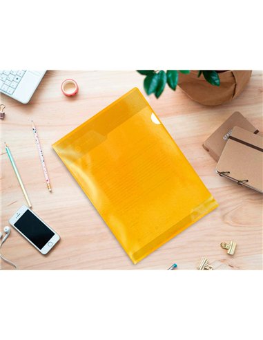 Pochette coin q-connect polypropylène grainé économique 12/100e coloris jaune transparent boîte 100 unités.