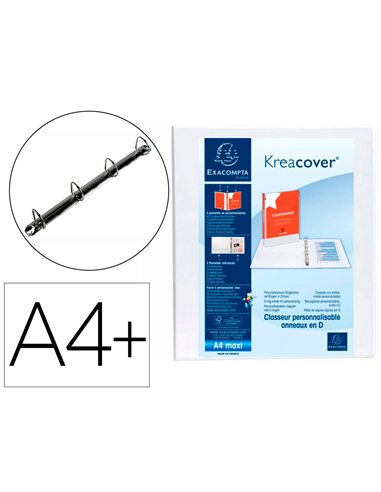 Classeur exacompta 4 anneaux en d 30mm polypropylène a4+ 32x27,7cm personnalisable pochettes coloris blanc.