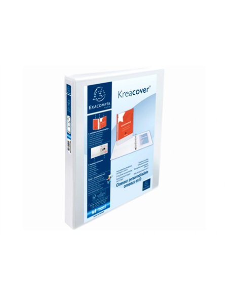 Classeur exacompta 4 anneaux en d 30mm polypropylène a4+ 32x27,7cm personnalisable pochettes coloris blanc.