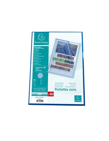 Pochette coin exacompta a4 pp graine 12/100eme 120 microns coloris bleu paquet 100 unites.