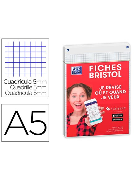 Fiches bristol oxford revision 2.0 a5 perforee 32 fiches/film q5x5 cadre blanc.