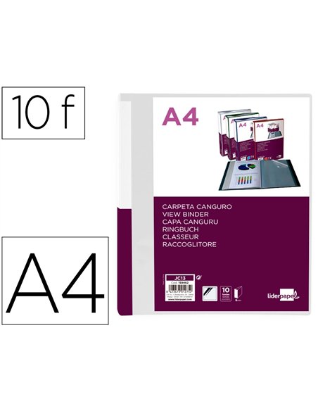 Protege-documents liderpapel personnalisable kangourou polypropylene 10 pochettes fixes a4 coloris transparent.