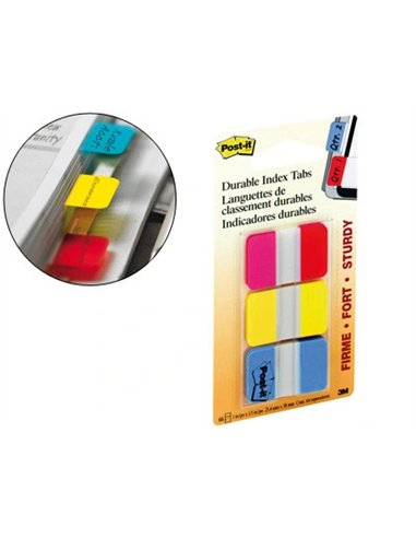 Marque-pages post-it index rigide 25x44mm 22f 3 coloris rouge jaune bleu set 22 index/couleur.
