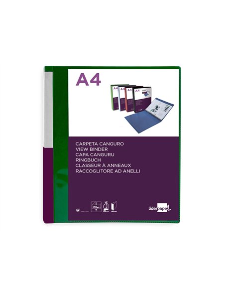 Classeur kangourou liderpapel 2 anneaux en d 25mm polypropylene 283x320mm document a4 coloris vert.