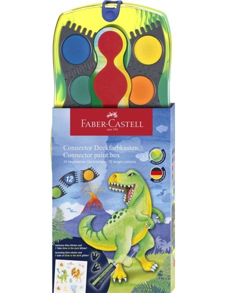 Pack de 12 godets d'aquarelle Faber-Castell Connector Dinosaur + peinture blanche opaque + autocollants - Haute opacité - Facile