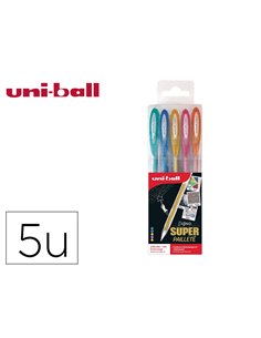 Pochette uniball signo roller encre gel ecriture moyenne coloris paillete bleu / or / orange / rose / vert 5 unites.