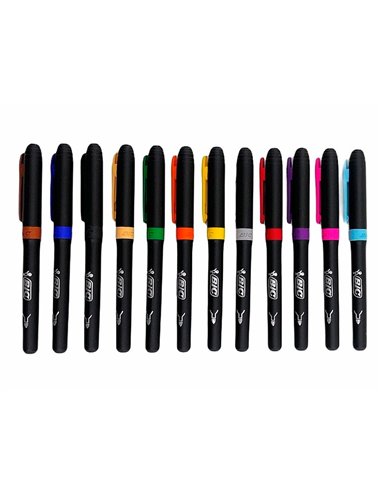 12 feutres bic corps noir grip caoutchouc capuchon ventile couleur de l'encre.